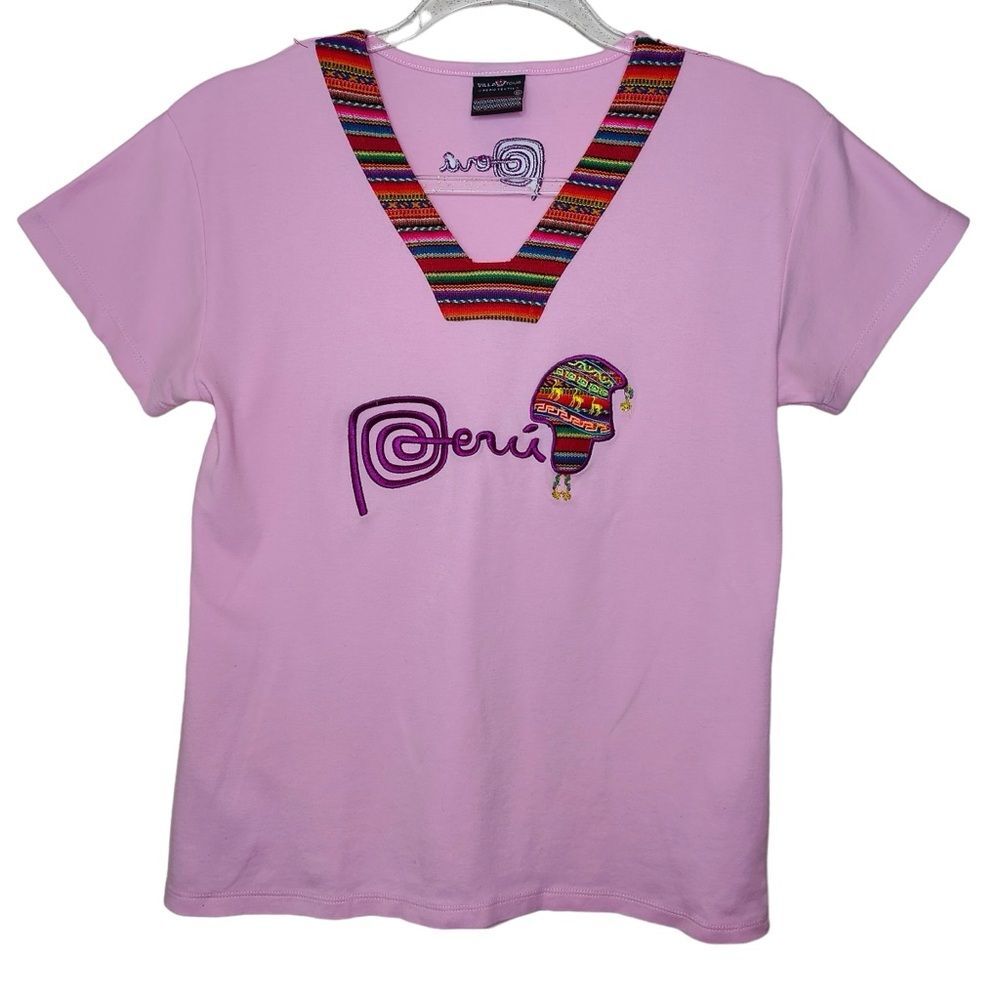 Villa Tour Peru Textile Jr XL Embroidered Pink Ethnic Short Sleeve Cotton Shirt